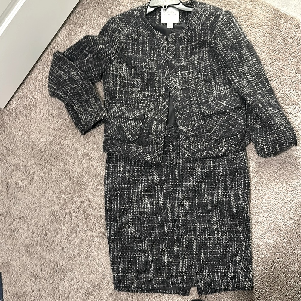 Black and gravy wool blend blazer and skirt set.